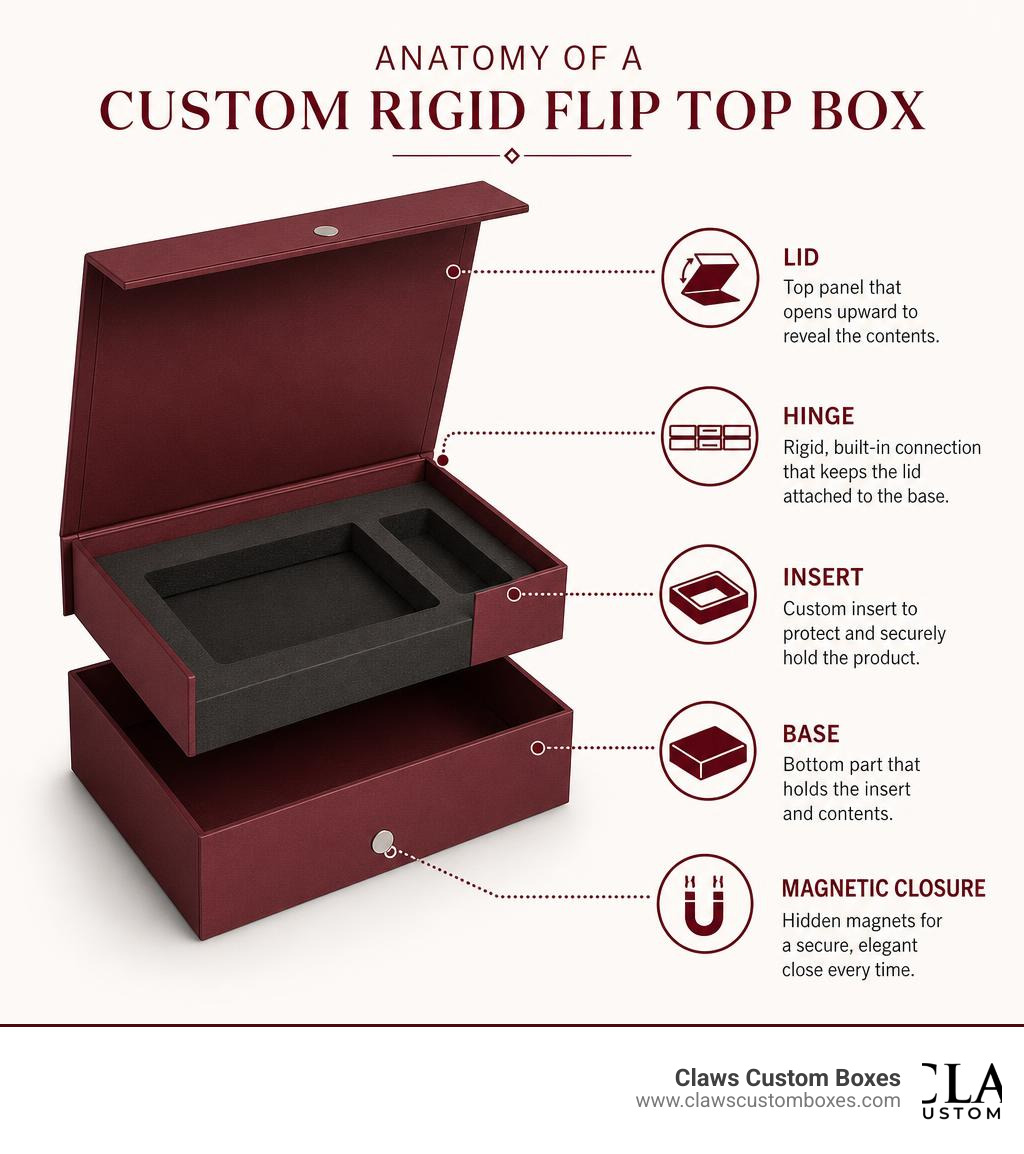 Anatomy of a custom rigid flip top box showing lid, hinge, base, insert, and magnetic closure infographic Anatomy of a custom rigid flip top box showing lid, hinge, base, insert, and magnetic closure infographic
