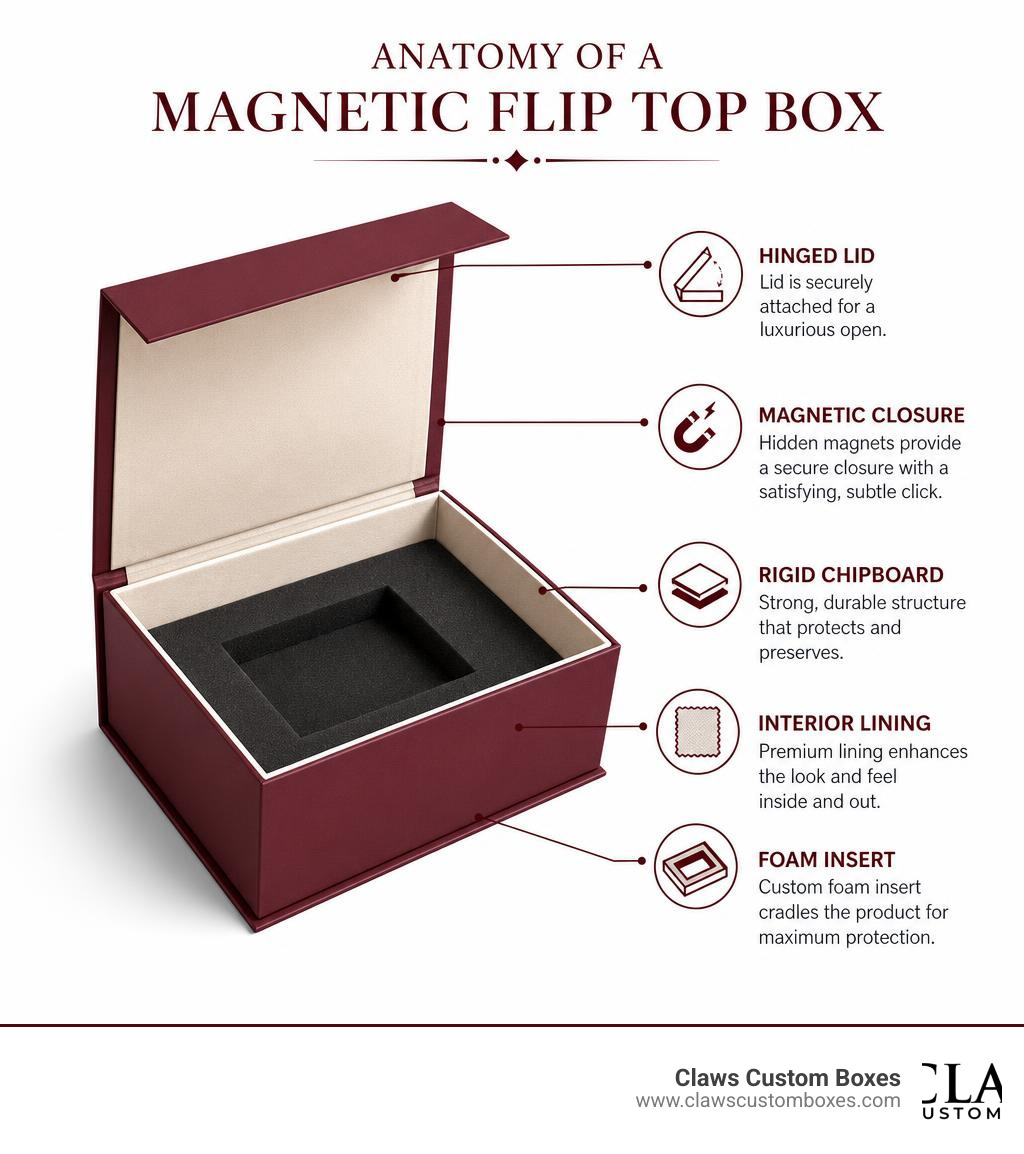 Infographic showing anatomy of a magnetic flip top box with labels for hinged lid, magnetic closure, rigid chipboard