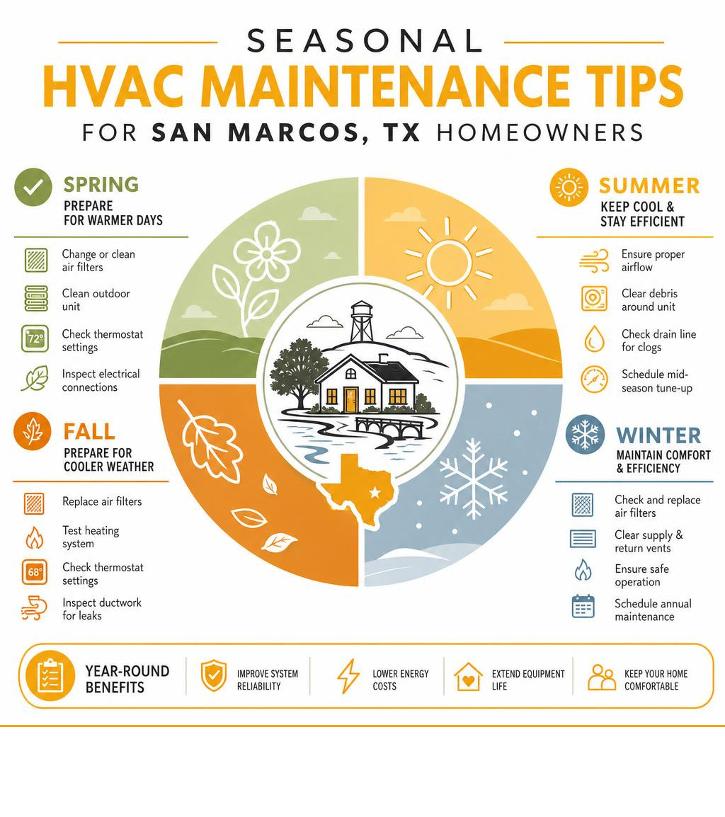 Seasonal HVAC maintenance tips infographic for San Marcos, TX homeowners infographic Seasonal HVAC maintenance tips infographic for San Marcos, TX homeowners infographic