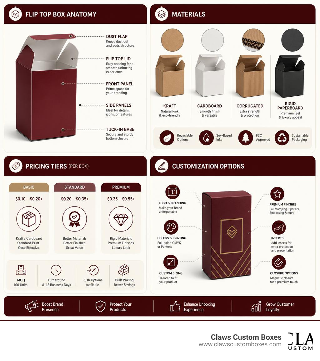 Infographic showing flip top box anatomy, materials, pricing tiers, and customization options for bulk orders infographic