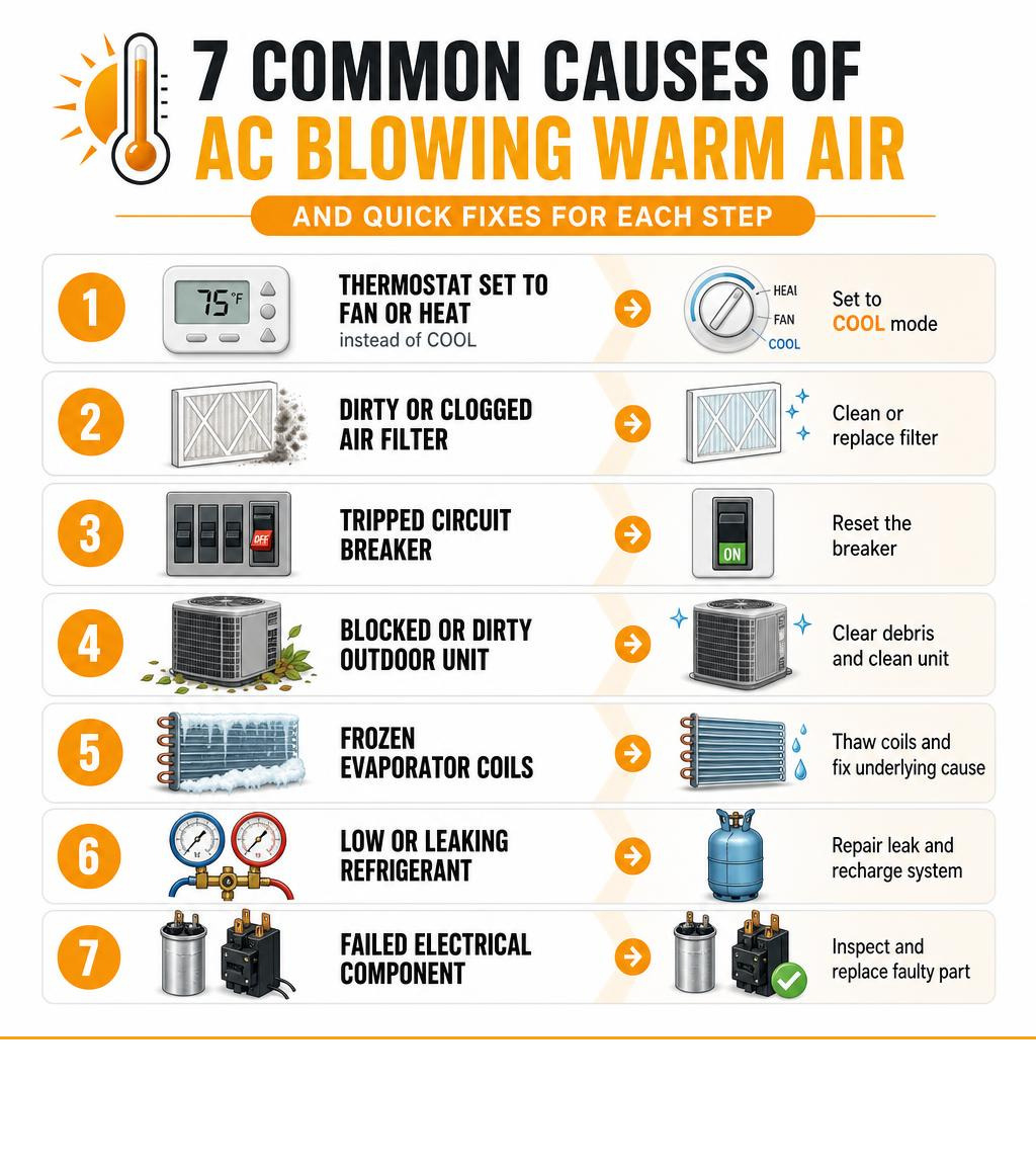 Infographic showing 7 common causes of AC blowing warm air and quick fixes for each step infographic Infographic showing 7 common causes of AC blowing warm air and quick fixes for each step infographic