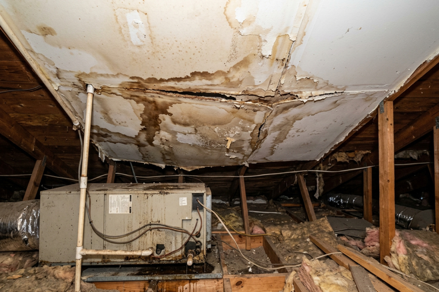 Water-damaged ceiling drywall caused by an undetected attic AC leak