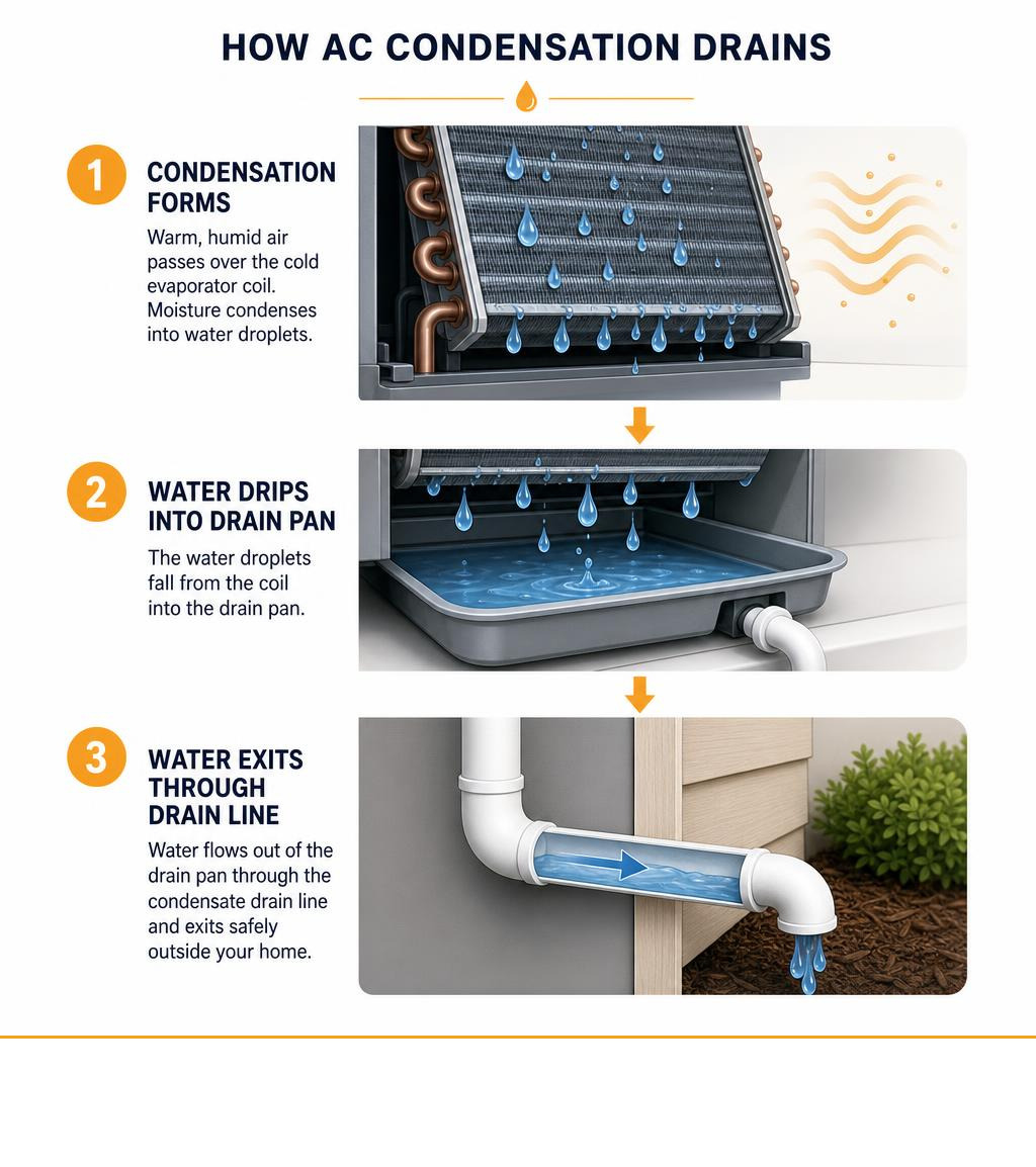 Diagram showing how AC condensation forms on evaporator coil, drips into drain pan, and exits through condensate drain line