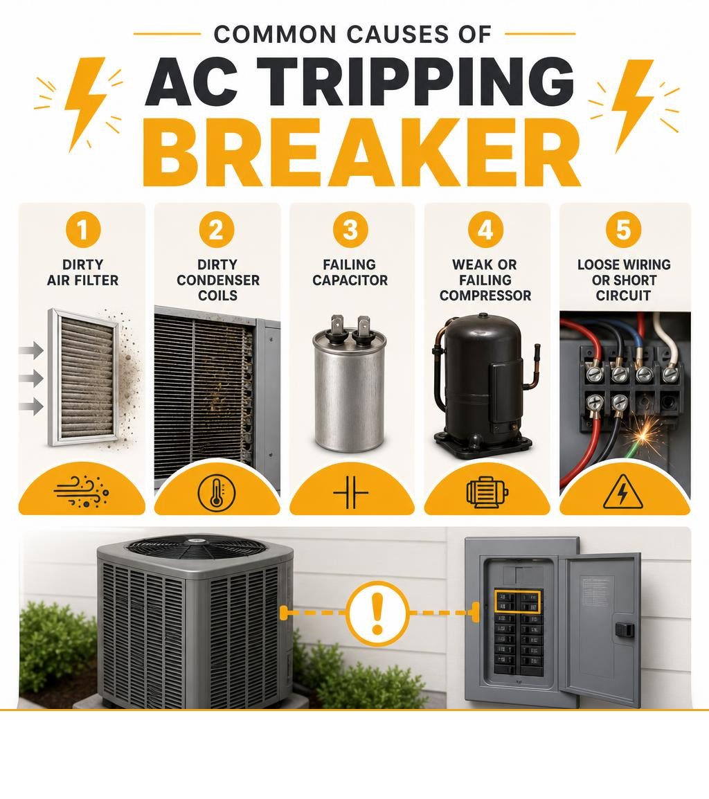 Common causes of AC tripping breaker infographic with dirty filter, coils, capacitor, compressor, wiring infographic