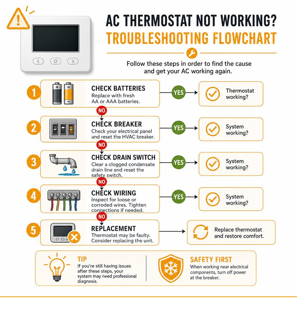 Troubleshooting flowchart for a blank or unresponsive AC thermostat: batteries, breaker, drain switch, wiring, replacement