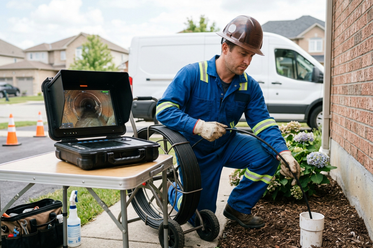 Sewer camera inspection in progress showing a digital monitor displaying the inside of a pipe