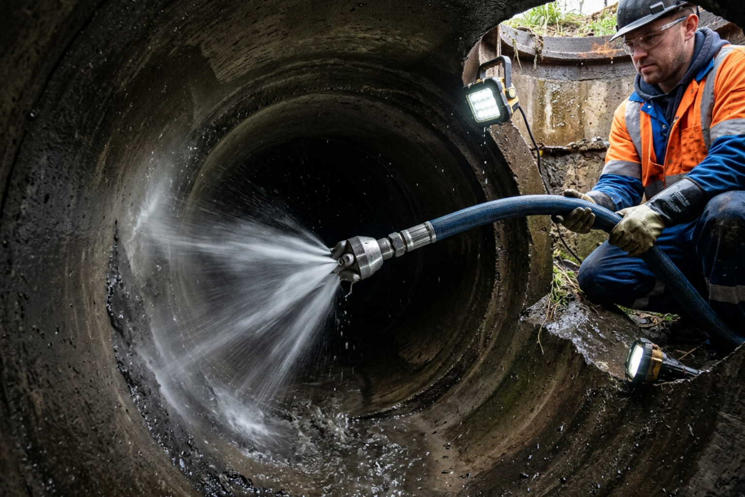 Professional hydro jetting machine cleaning the inside of a pipe with high pressure water