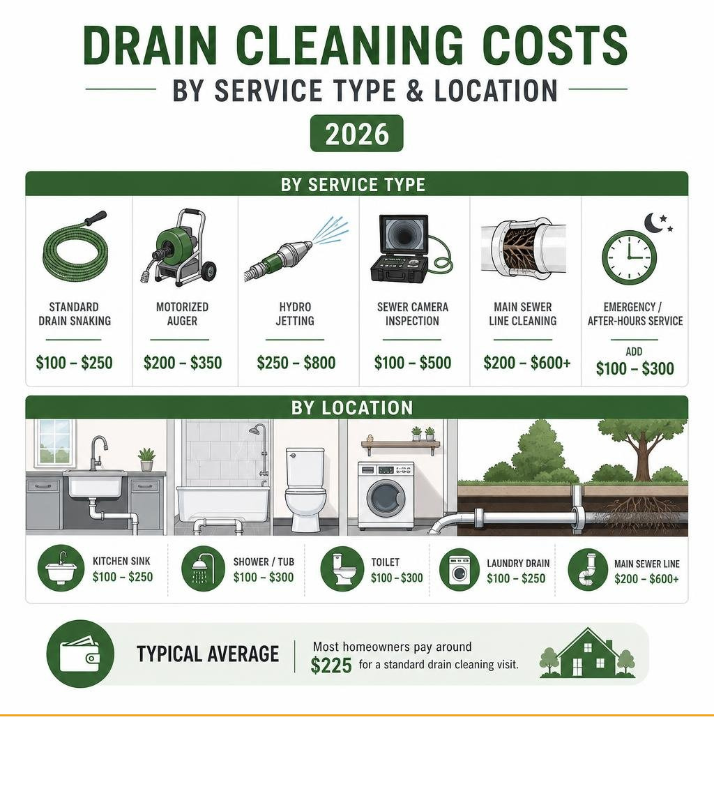 Infographic showing drain cleaning cost ranges by service type and location in 2026 infographic