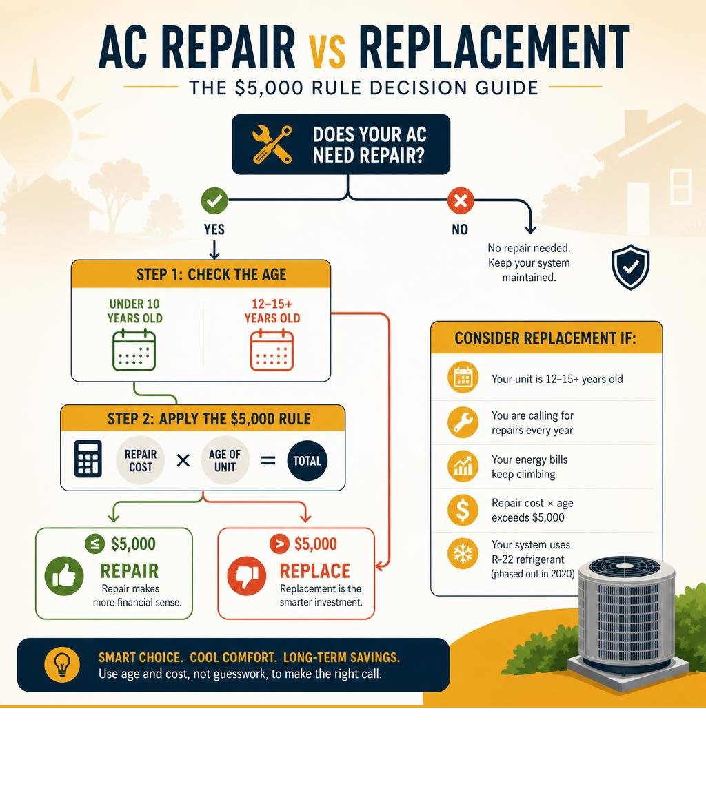 Infographic showing AC repair vs replacement decision flowchart using the $5000 rule and age thresholds infographic