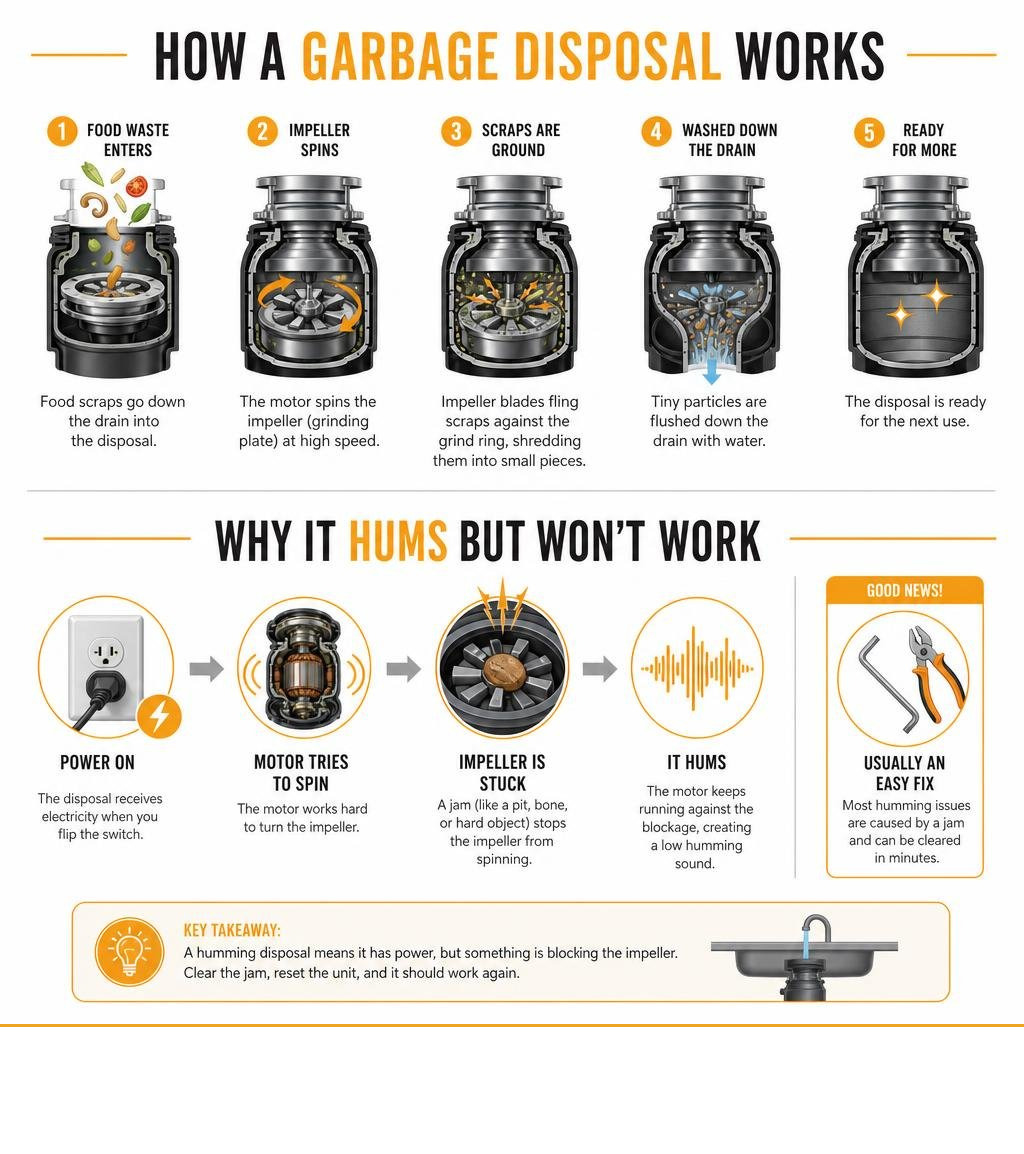 how a garbage disposal works and why it hums infographic infographic