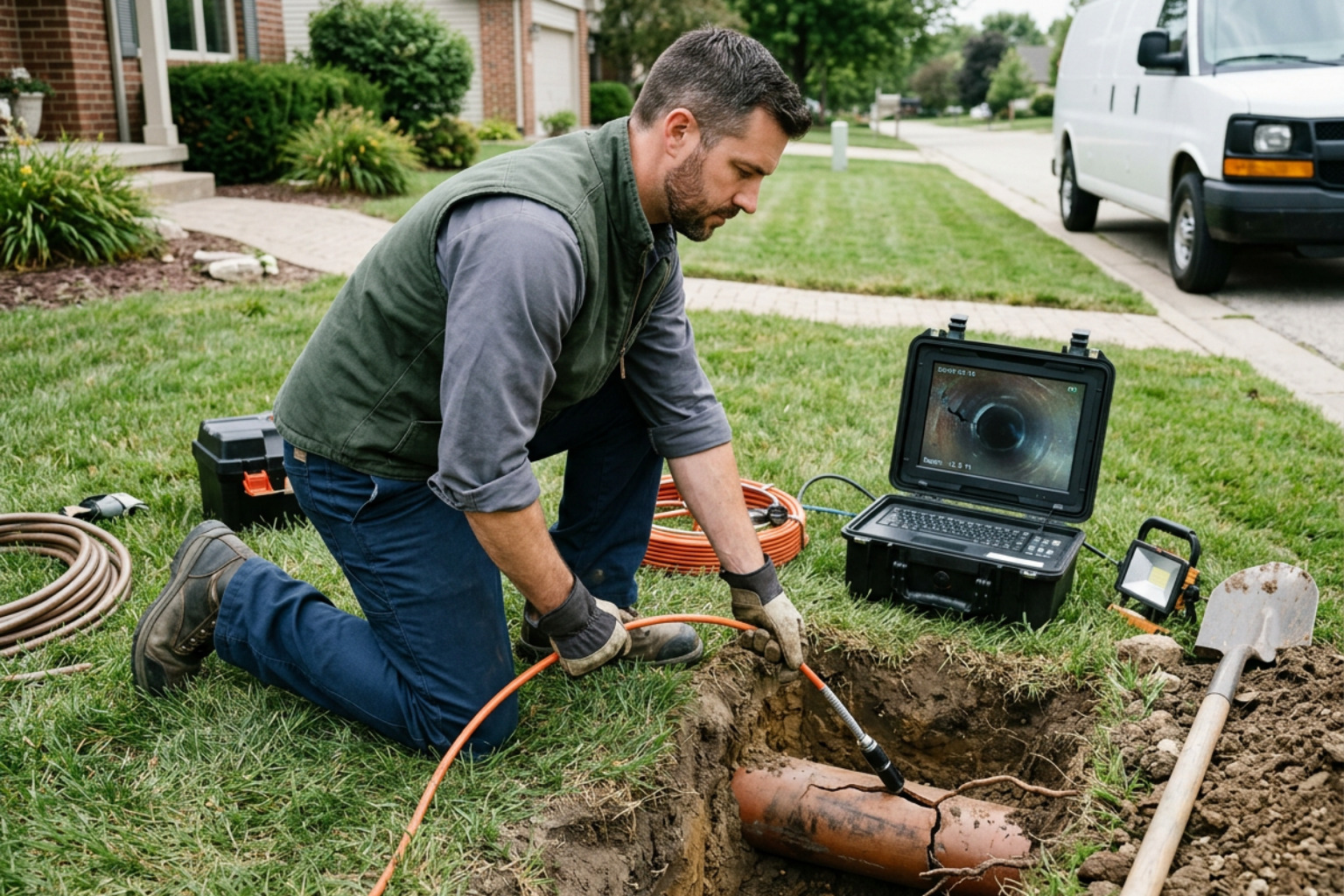A professional plumber inspecting a cracked underground sewer pipe using a sewer camera A professional plumber inspecting a cracked underground sewer pipe using a sewer camera