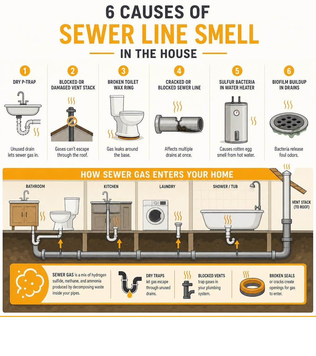 Infographic showing 6 causes of sewer line smell in house and how sewer gas enters through dry traps vents and broken seals Infographic showing 6 causes of sewer line smell in house and how sewer gas enters through dry traps vents and broken seals