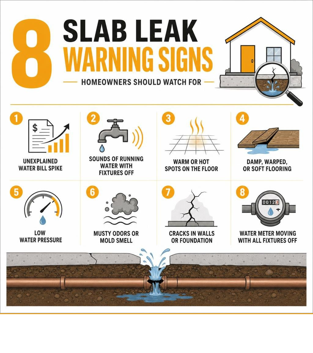 Infographic showing 8 slab leak warning signs homeowners should watch for infographic