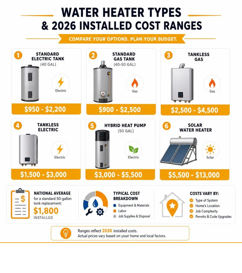 Water heater types and 2026 installed cost ranges comparison infographic infographic Water heater types and 2026 installed cost ranges comparison infographic infographic