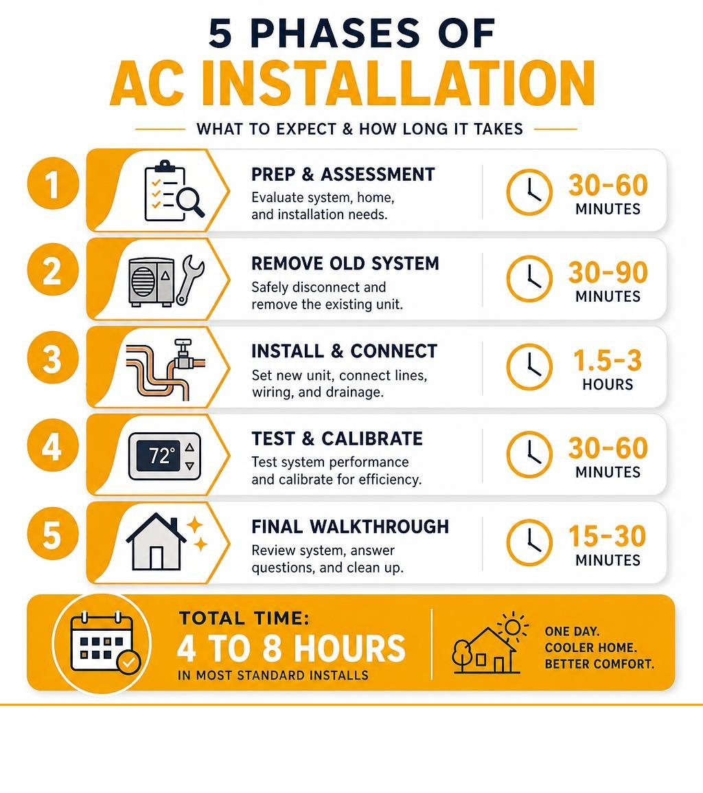Infographic showing 5 phases of AC installation with time estimates for each phase infographic