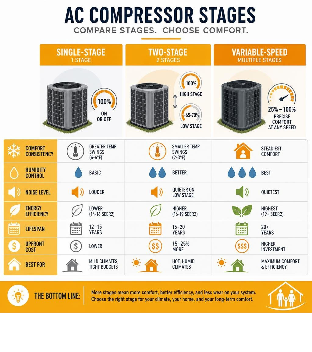 Infographic comparing single-stage, two-stage, and variable-speed AC compressor stages and key features infographic Infographic comparing single-stage, two-stage, and variable-speed AC compressor stages and key features infographic
