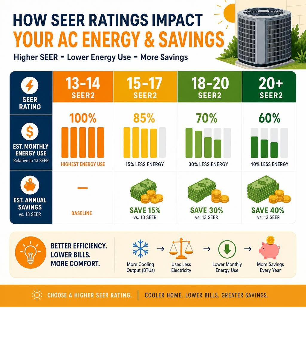 Infographic showing how SEER ratings from 13 to 20+ impact monthly AC energy consumption and annual savings infographic Infographic showing how SEER ratings from 13 to 20+ impact monthly AC energy consumption and annual savings infographic