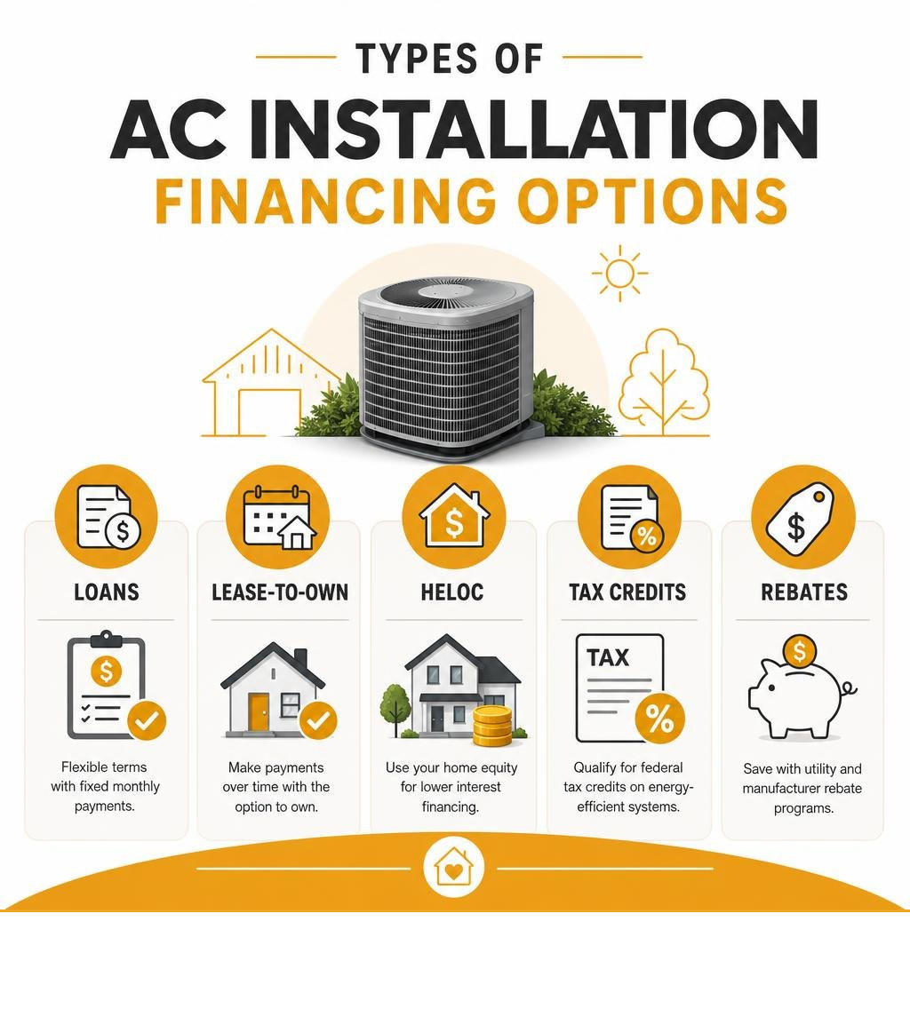 Types of AC installation financing options: loans, lease-to-own, HELOC, tax credits, rebates infographic Types of AC installation financing options: loans, lease-to-own, HELOC, tax credits, rebates infographic
