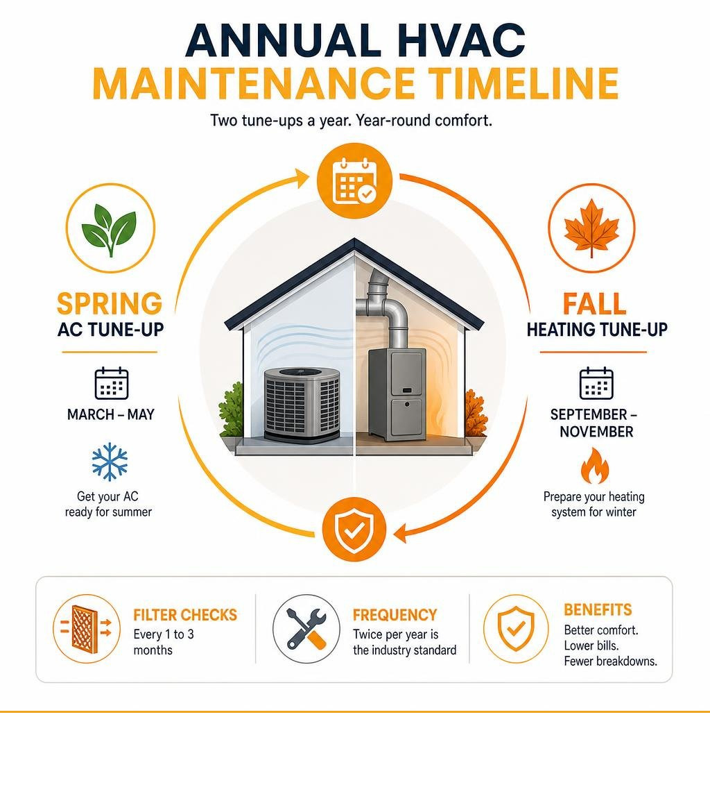 Annual HVAC maintenance timeline showing spring AC and fall heating tune-up schedule infographic Annual HVAC maintenance timeline showing spring AC and fall heating tune-up schedule infographic