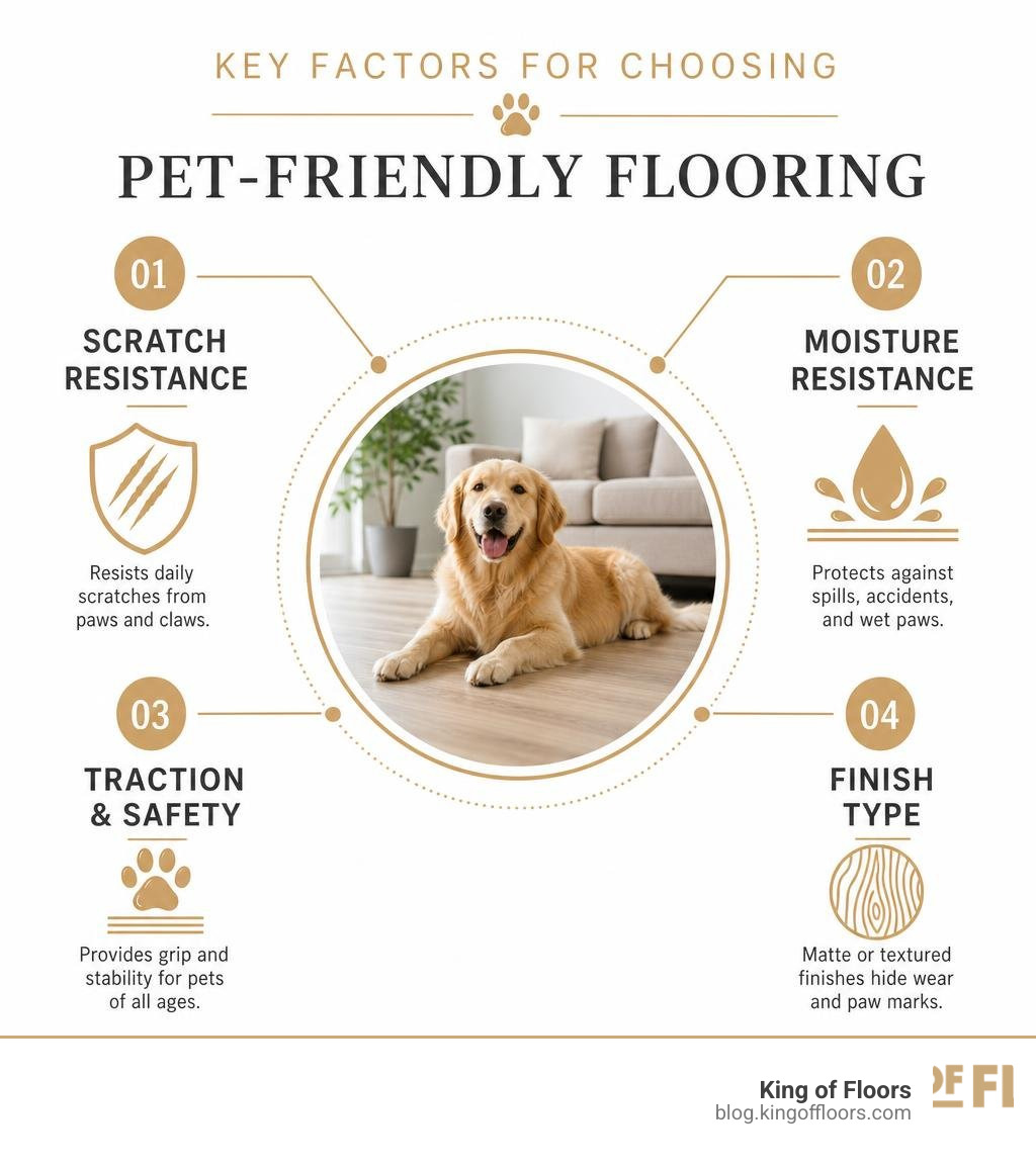 Key factors infographic for choosing pet-friendly flooring: scratch resistance, moisture, traction, finish type infographic