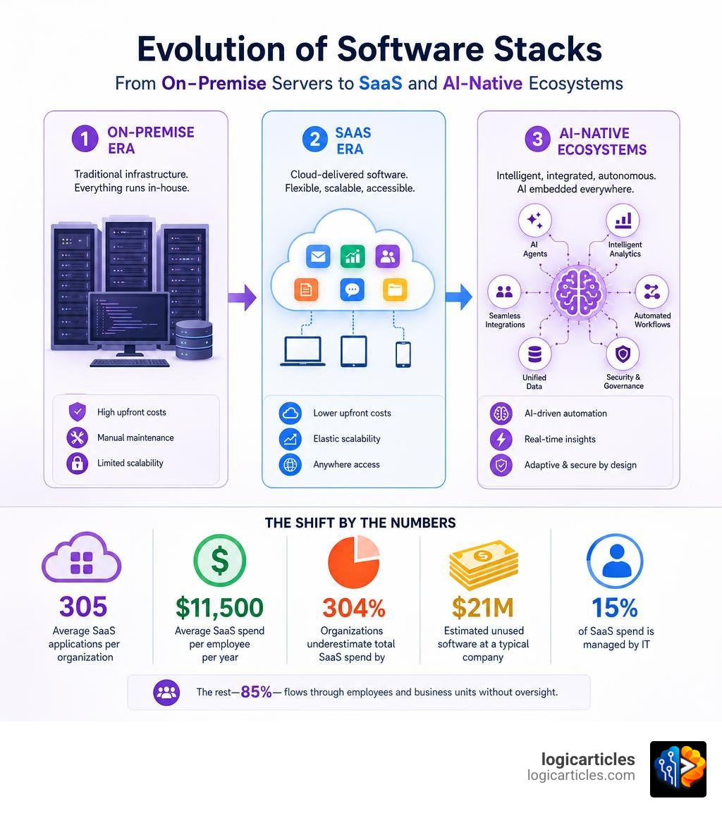 Evolution of software stacks: from on-premise servers to SaaS and AI-native ecosystems with key stats infographic Evolution of software stacks: from on-premise servers to SaaS and AI-native ecosystems with key stats infographic