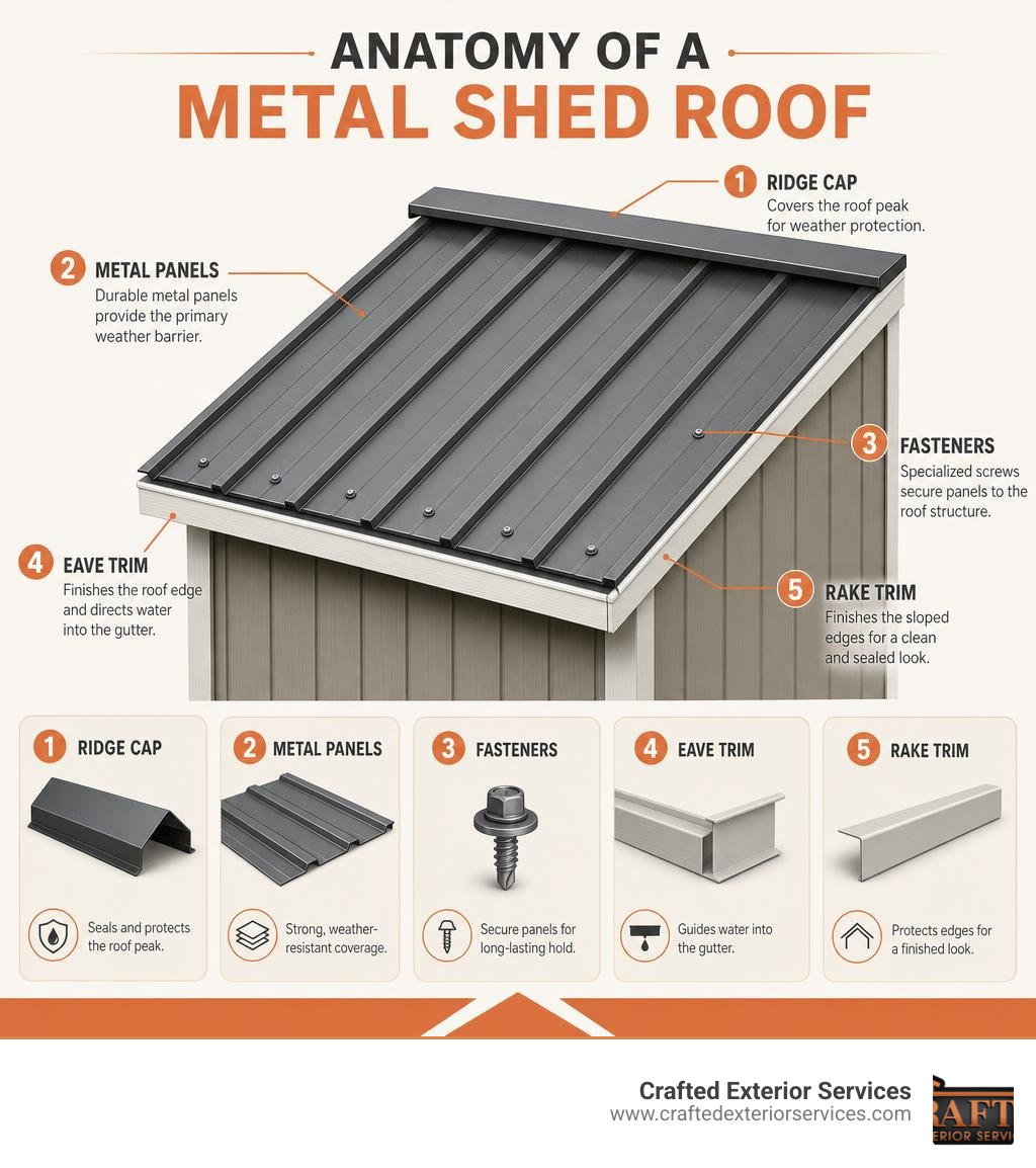 Anatomy of a metal shed roof showing panels, ridge cap, fasteners, and trim components infographic Anatomy of a metal shed roof showing panels, ridge cap, fasteners, and trim components infographic