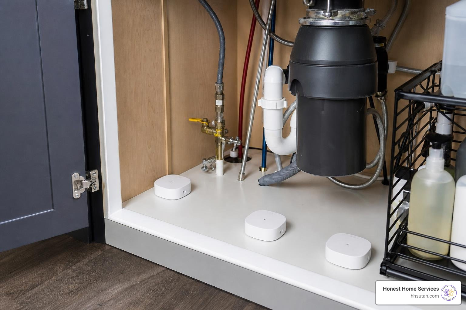 smart water leak sensors placed under a kitchen sink smart water leak sensors placed under a kitchen sink