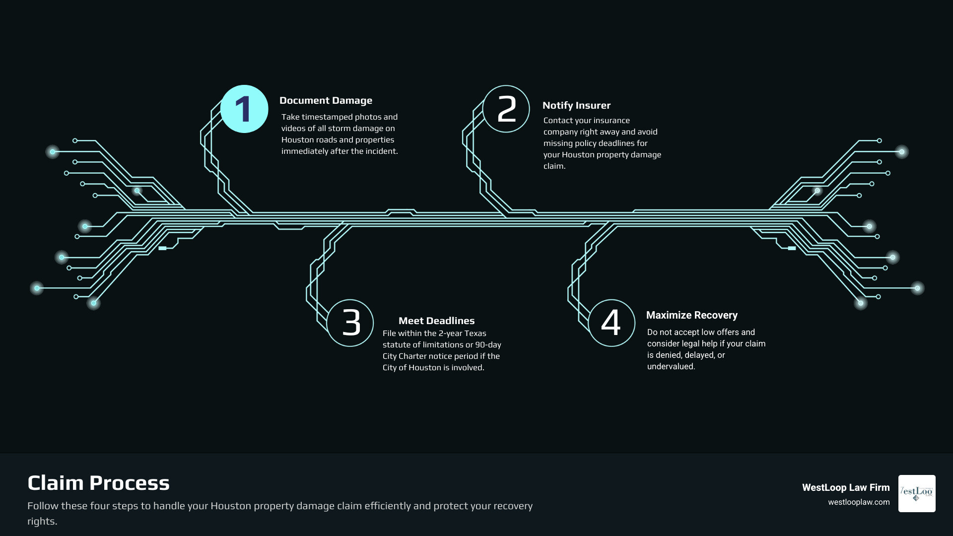 Timeline infographic of a Houston property damage claim from damage to resolution infographic Timeline infographic of a Houston property damage claim from damage to resolution infographic