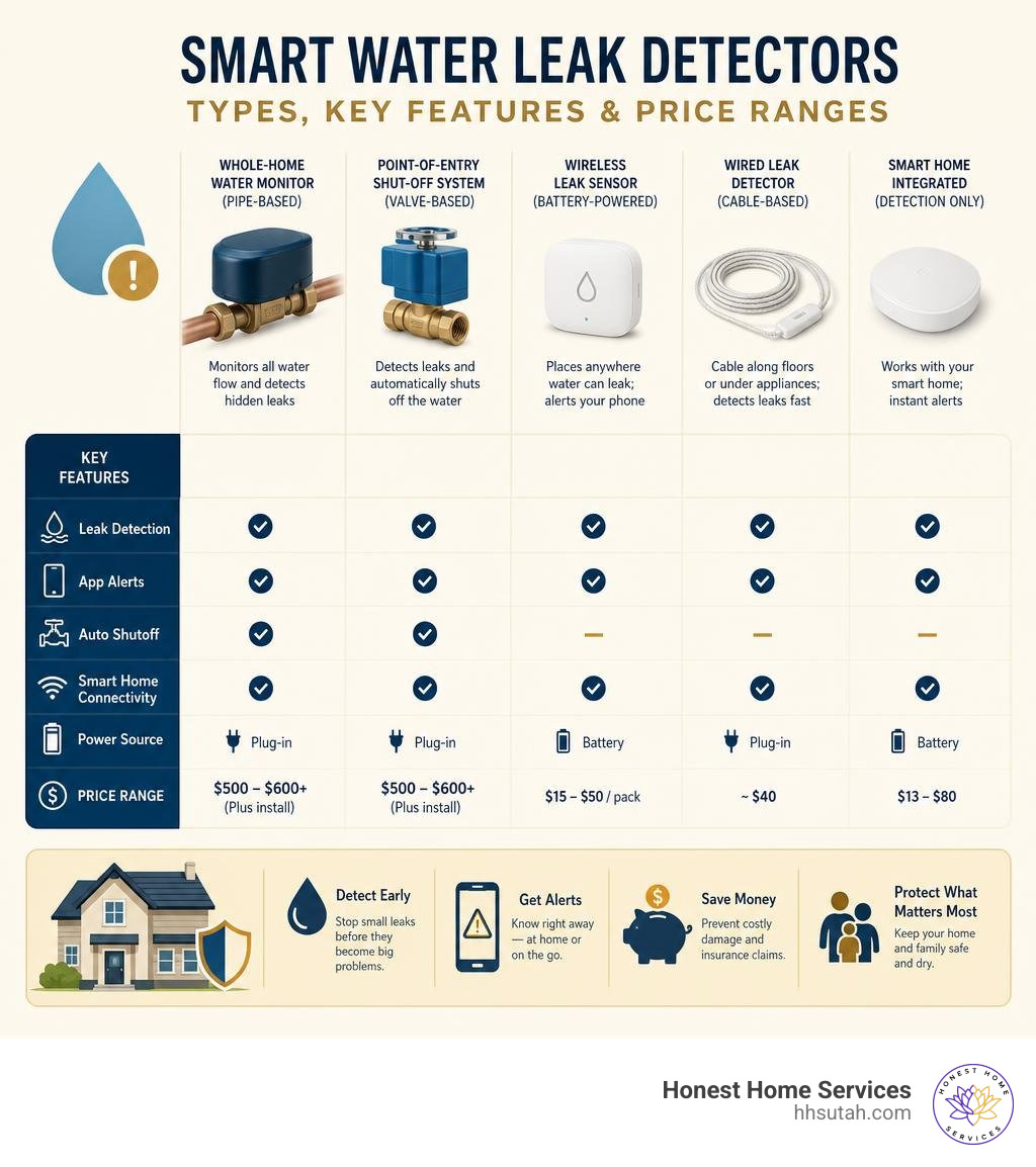 Infographic comparing smart water leak detector types, key features, and price ranges infographic Infographic comparing smart water leak detector types, key features, and price ranges infographic
