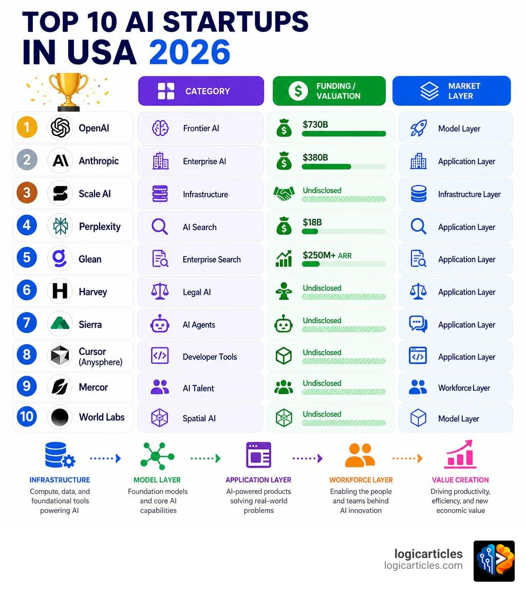 Top 10 AI startups USA 2026 by category funding valuation and market layer infographic infographic Top 10 AI startups USA 2026 by category funding valuation and market layer infographic infographic