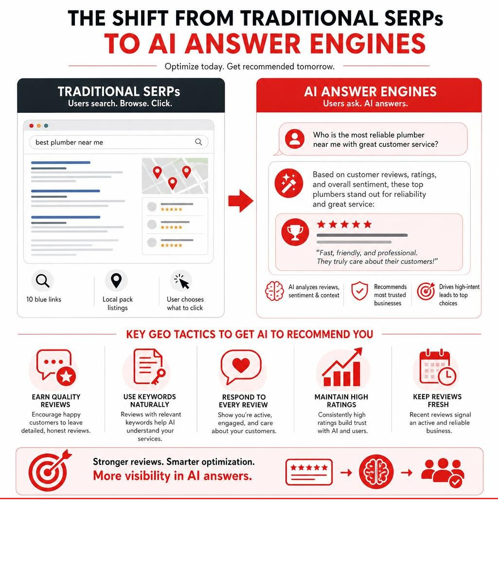 Infographic showing the shift from traditional SERPs to AI answer engines with key GEO tactics infographic