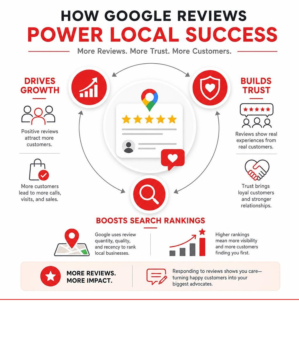 Infographic showing how Google reviews impact local business growth, trust, and search rankings infographic