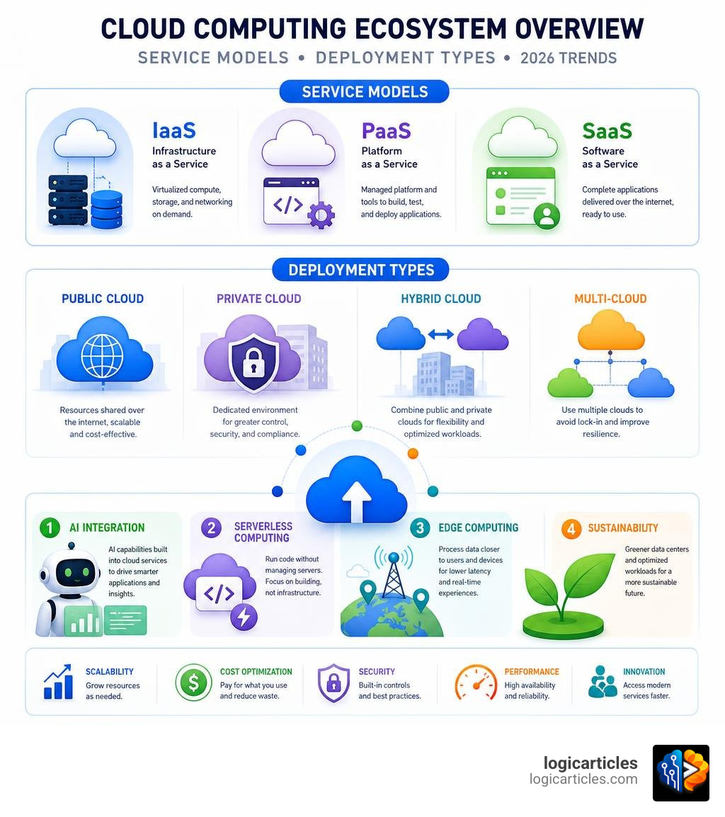 Cloud computing ecosystem overview showing service models, deployment types, and 2026 trends infographic Cloud computing ecosystem overview showing service models, deployment types, and 2026 trends infographic