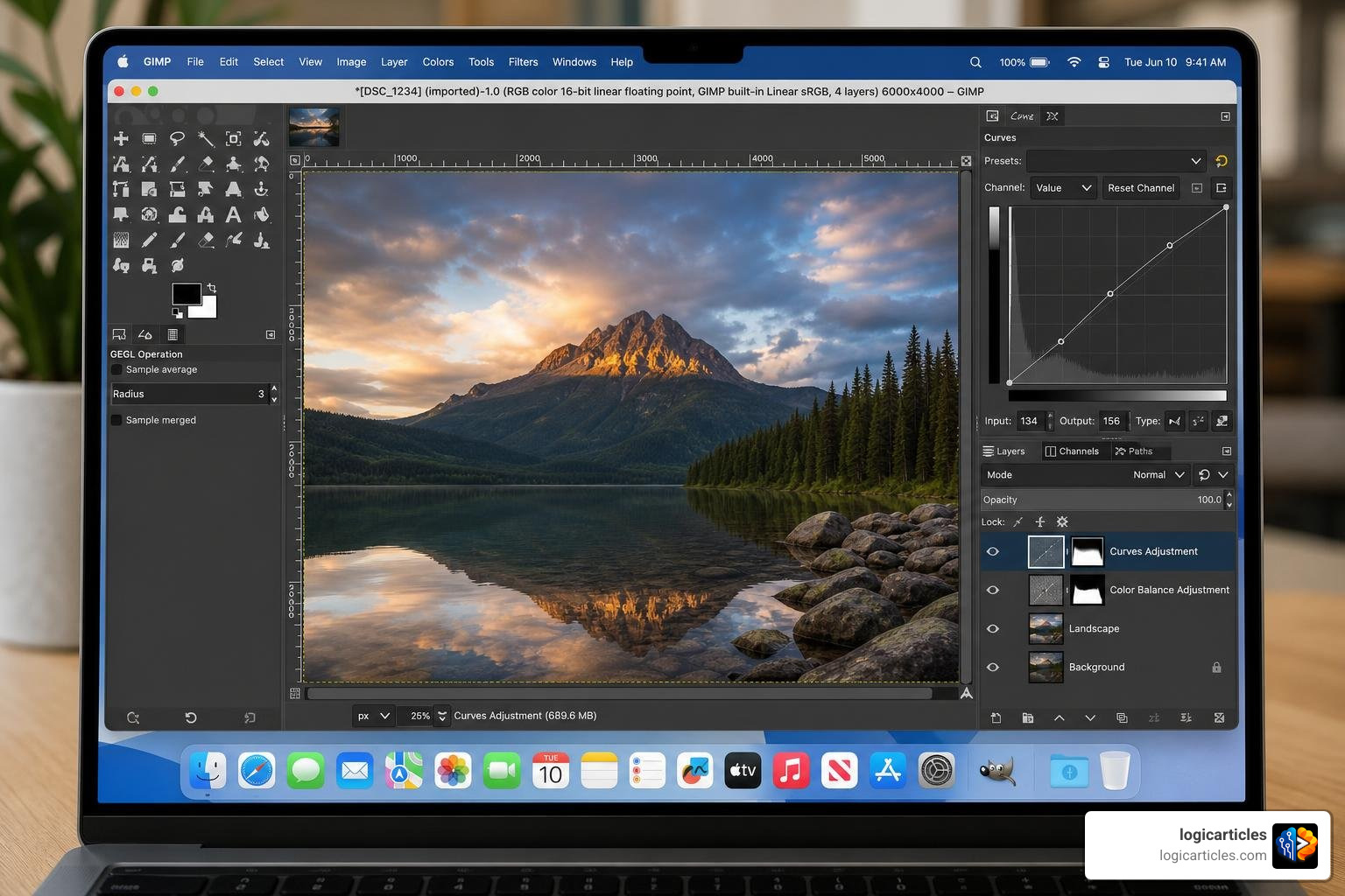 GIMP user interface running on macOS Tahoe showing layer adjustments and advanced photo tools
