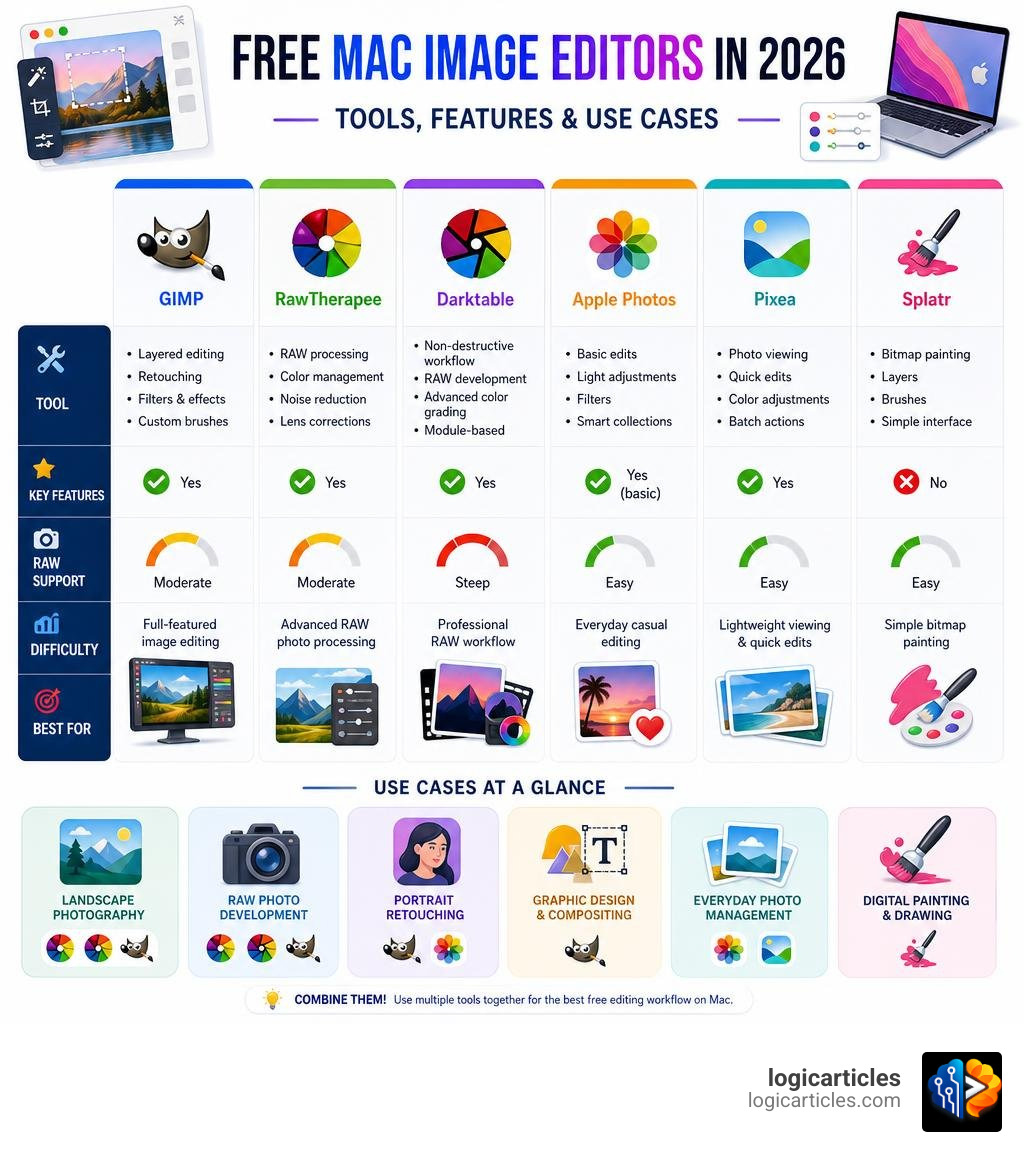 Comparison infographic of free Mac image editors in 2026 showing tools, features, and use cases infographic