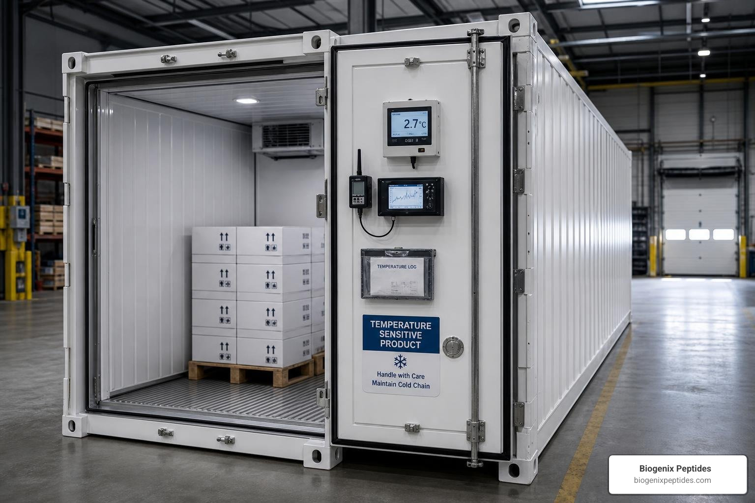 Cold-chain shipping container prepared for temperature-sensitive peptide logistics