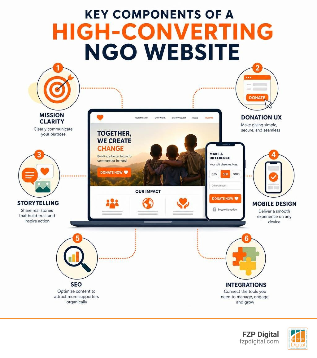 Key components of a high-converting NGO website: mission clarity, donation UX, storytelling, mobile design, SEO Key components of a high-converting NGO website: mission clarity, donation UX, storytelling, mobile design, SEO