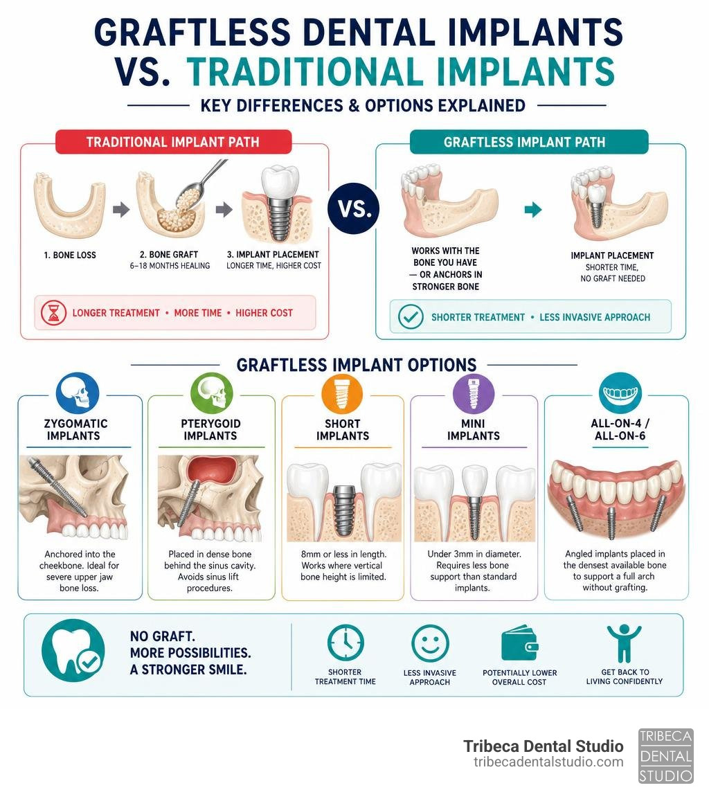 Graftless dental implants vs traditional implants — key differences and options explained infographic Graftless dental implants vs traditional implants — key differences and options explained infographic