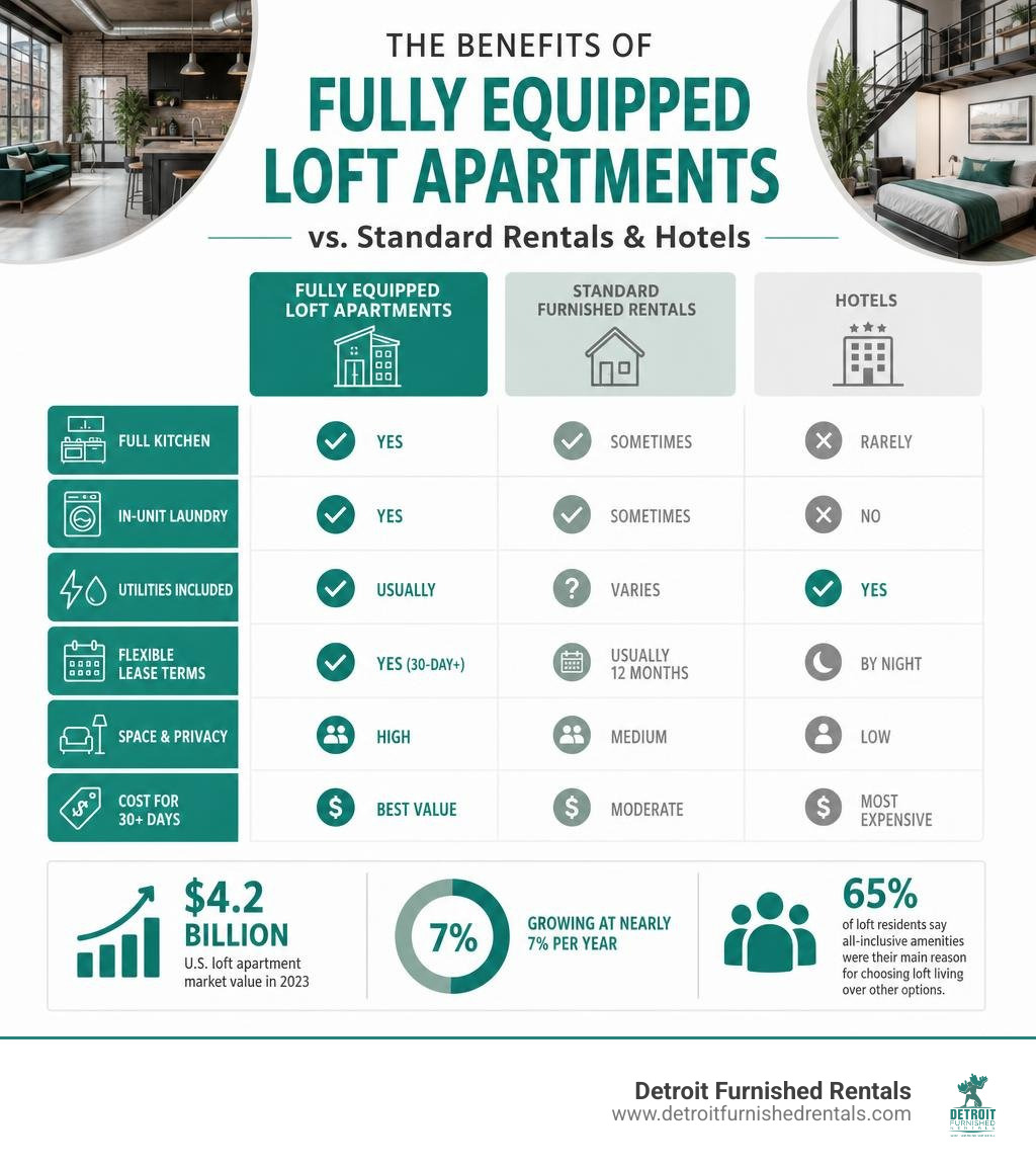 Benefits of fully equipped loft apartments vs hotels and standard rentals infographic infographic