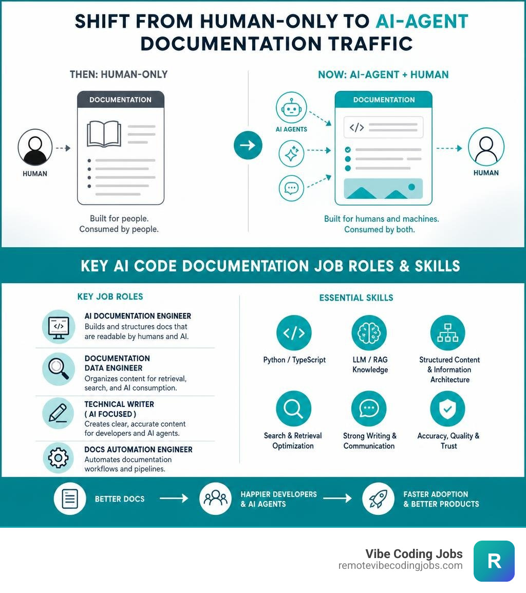 Shift from human-only to AI-agent documentation traffic: key AI code documentation job roles and skills infographic