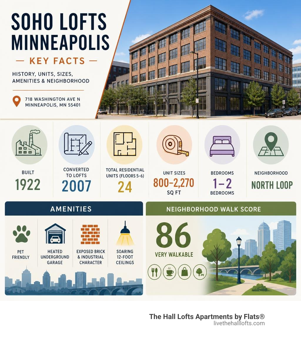 Infographic: Soho Lofts Minneapolis key facts — history, units, sizes, amenities, and neighborhood Walk Score infographic Infographic: Soho Lofts Minneapolis key facts — history, units, sizes, amenities, and neighborhood Walk Score infographic