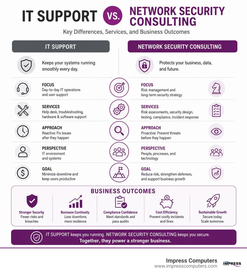 Infographic: IT Support vs Network Security Consulting — key differences, services, and business outcomes infographic Infographic: IT Support vs Network Security Consulting — key differences, services, and business outcomes infographic