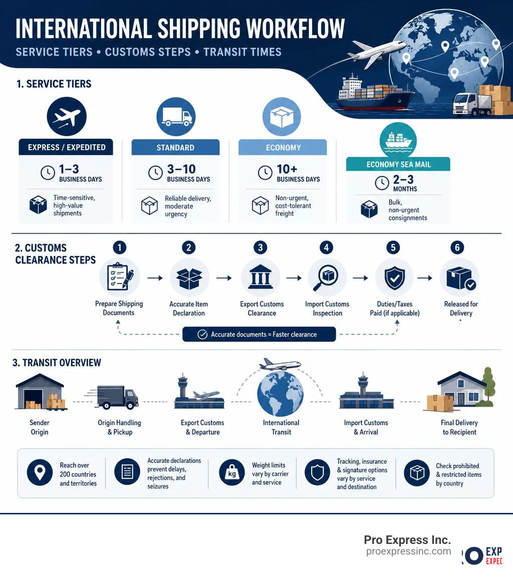 International shipping workflow infographic showing service tiers, customs steps, and transit times infographic International shipping workflow infographic showing service tiers, customs steps, and transit times infographic