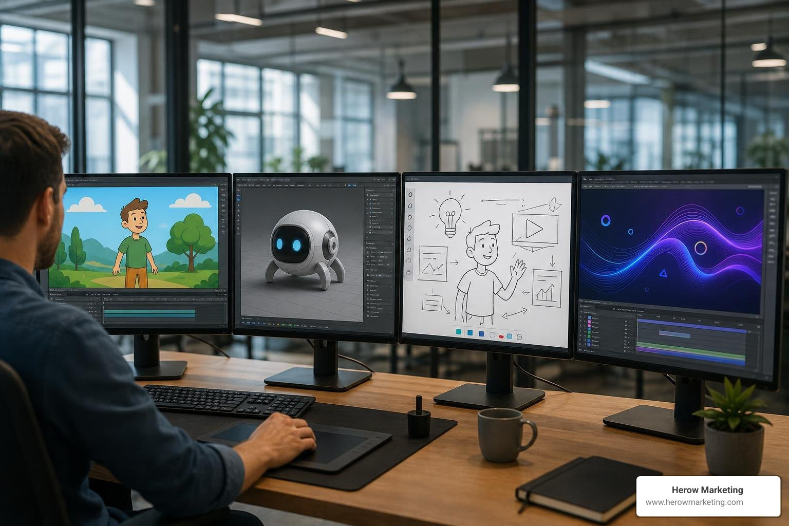 Different animation styles including 2D flat, 3D, whiteboard, and motion graphics