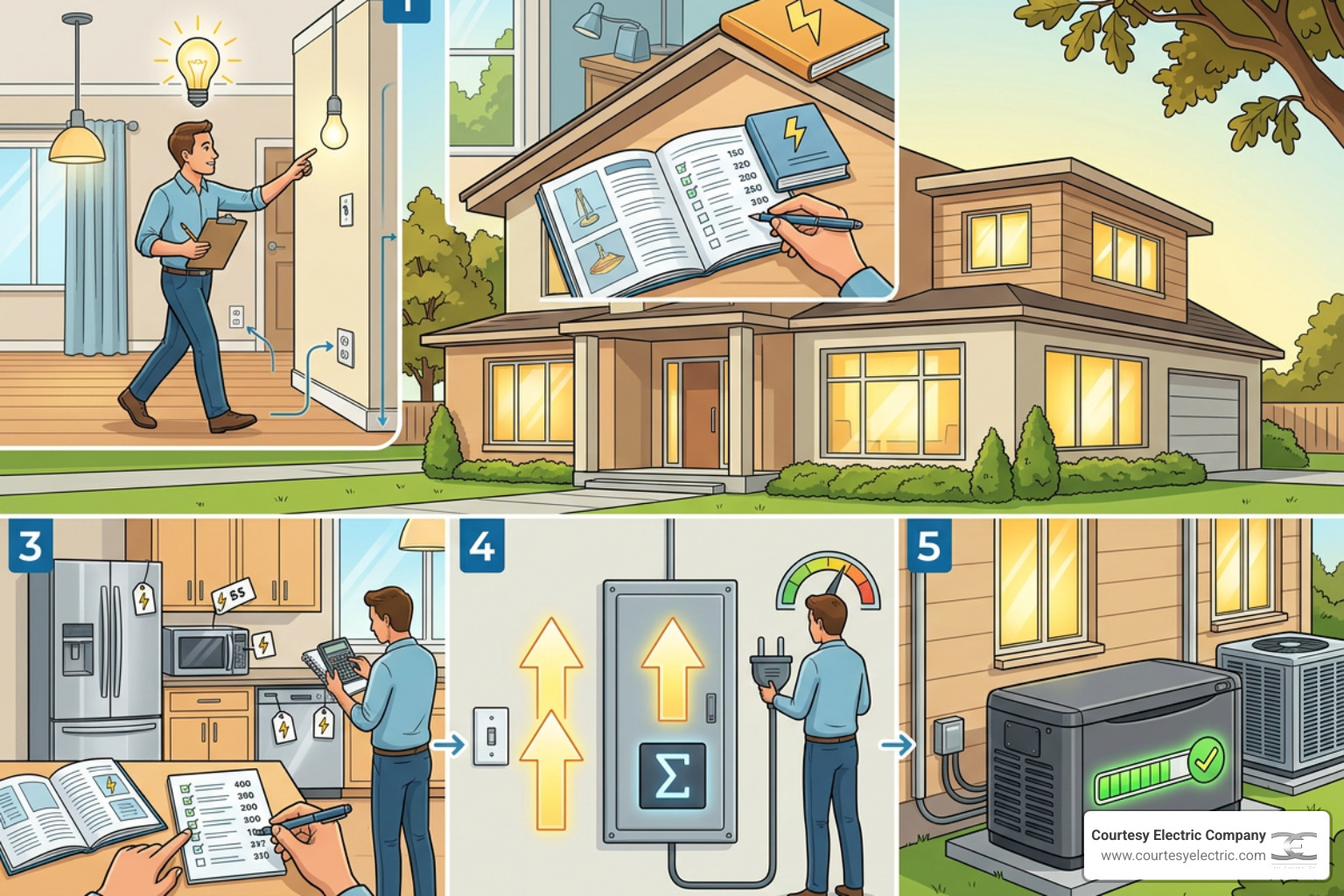 infographic showing 5 steps to calculate home generator size: list appliances, add running watts, account for starting infographic showing 5 steps to calculate home generator size: list appliances, add running watts, account for starting