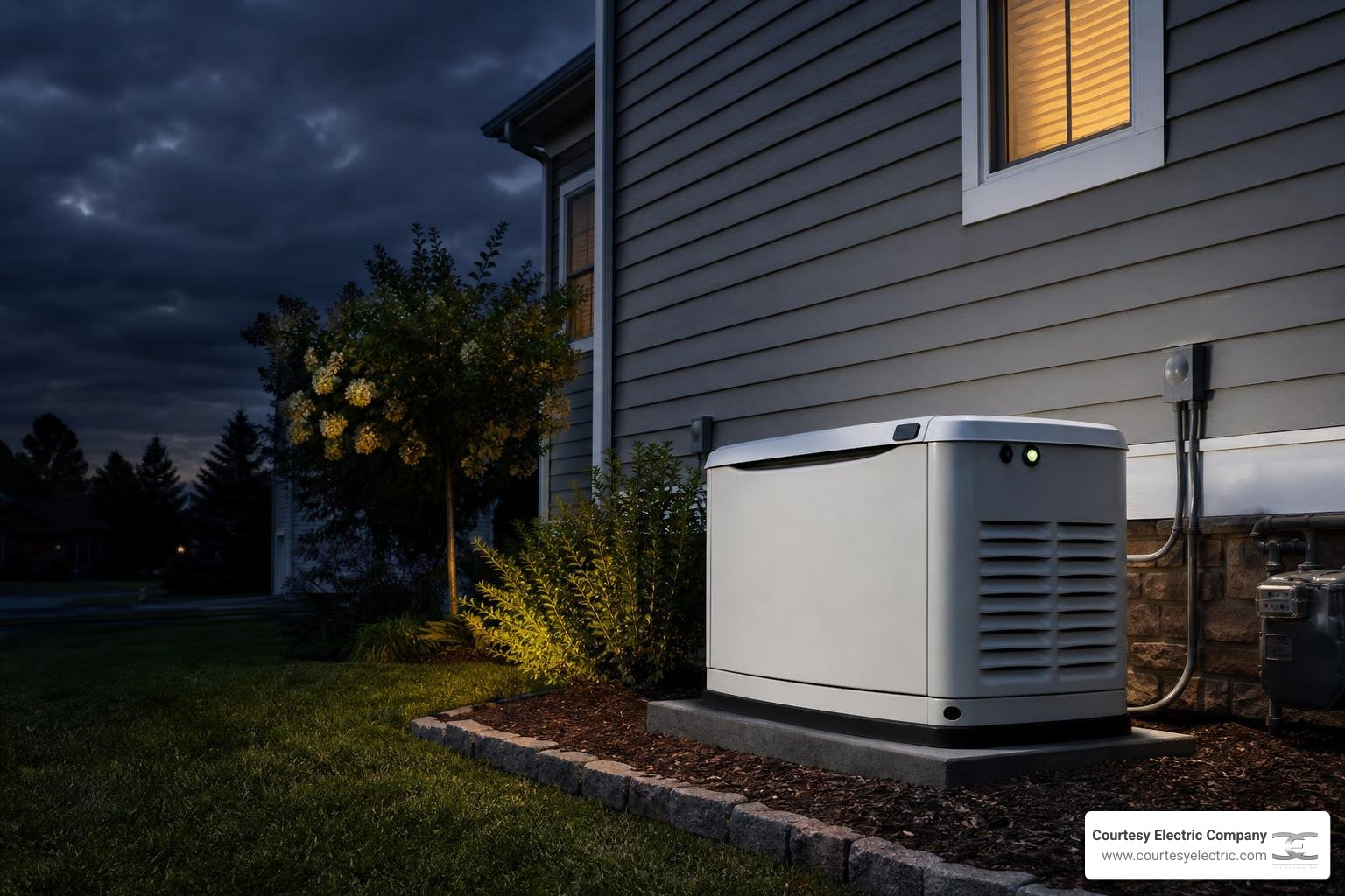 home standby generator installed outside a house during a power outage home standby generator installed outside a house during a power outage