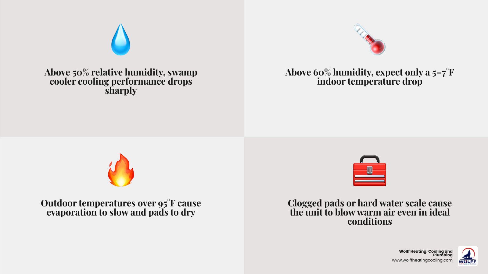 Infographic showing swamp cooler effectiveness vs. relative humidity and temperature thresholds infographic Infographic showing swamp cooler effectiveness vs. relative humidity and temperature thresholds infographic