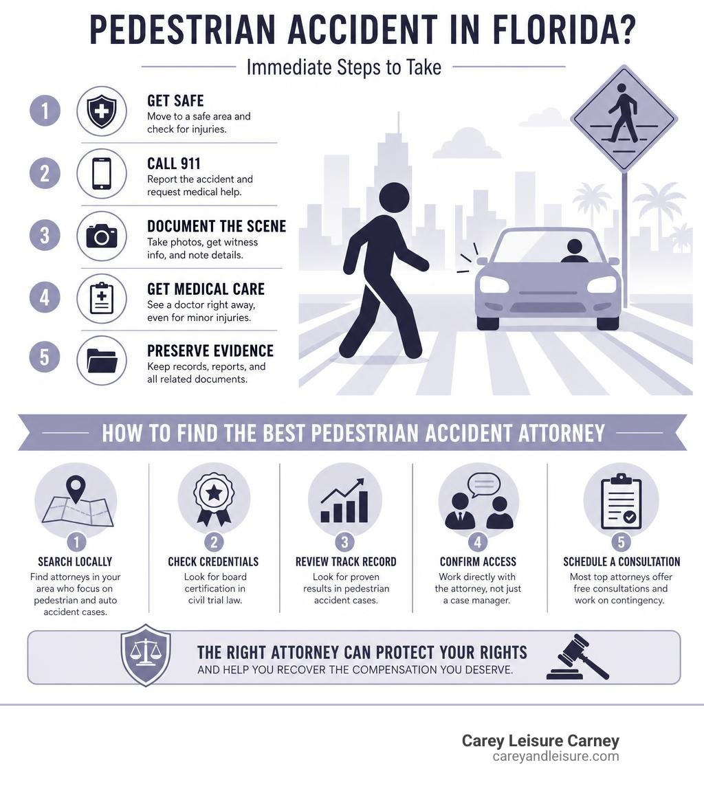 Infographic showing immediate steps after a pedestrian accident in Florida and how to find the best attorney infographic