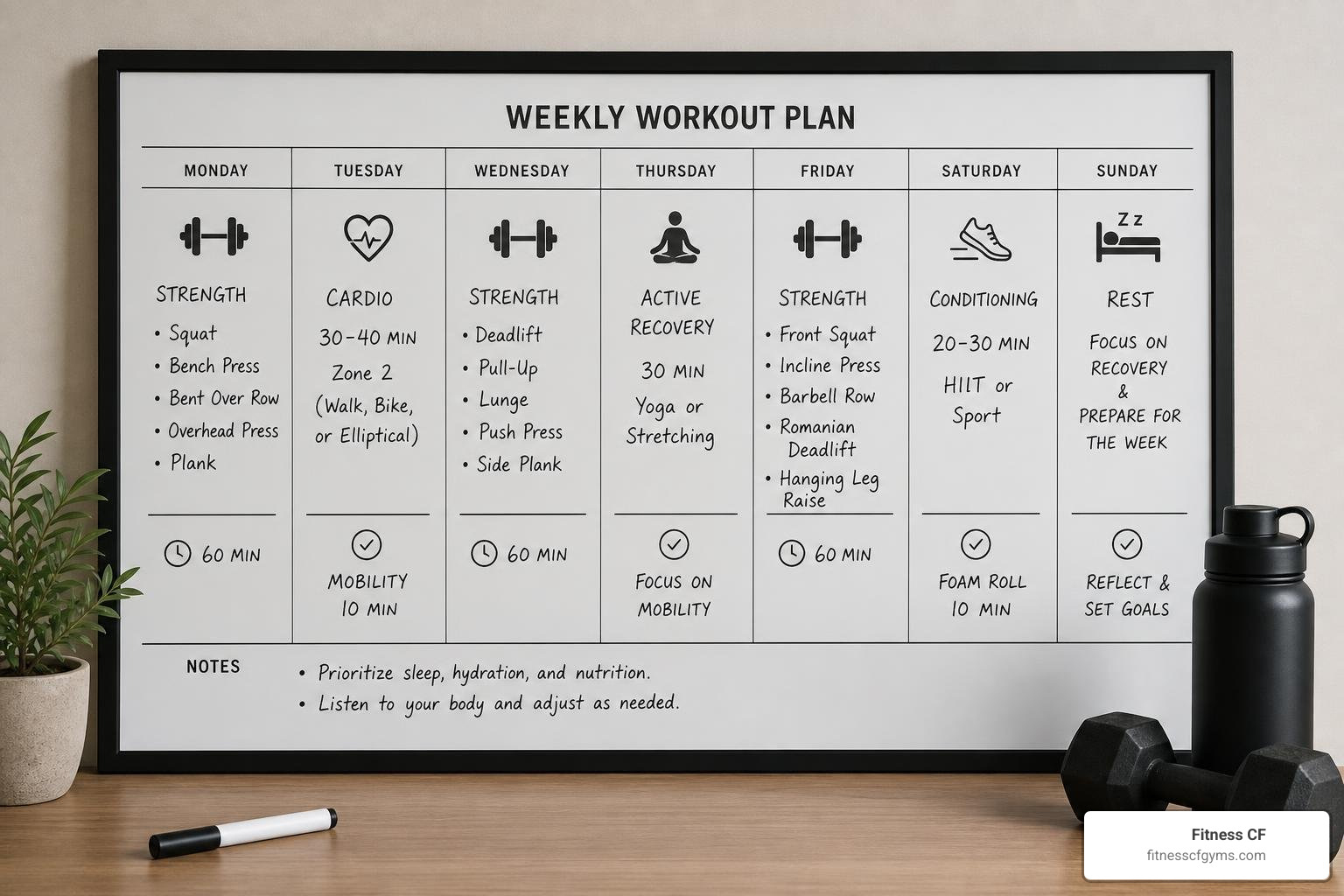 A clean weekly workout planner showing a Monday-Wednesday-Friday training schedule