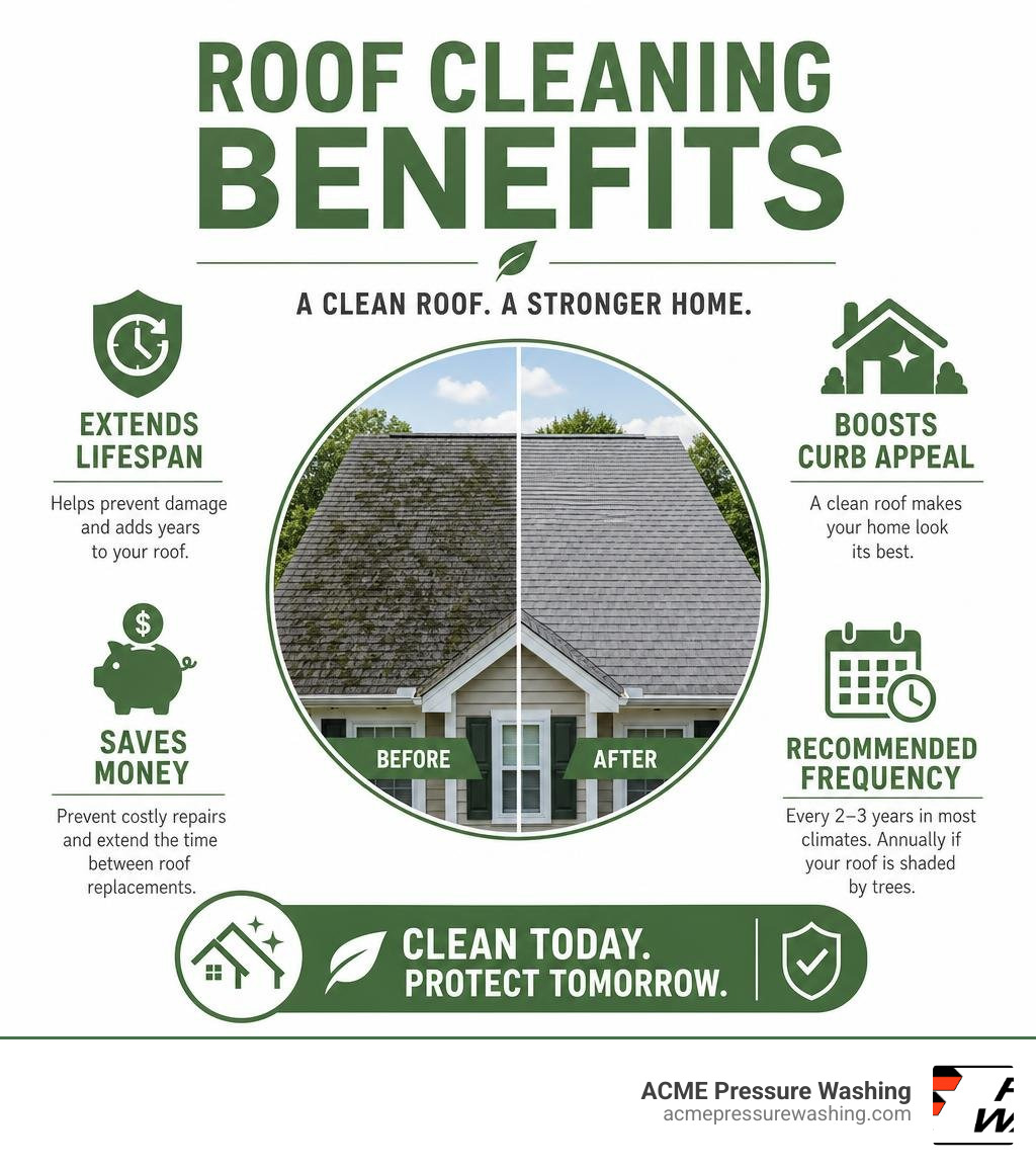 roof cleaning benefits infographic showing lifespan extension, curb appeal, cost savings, and recommended frequency